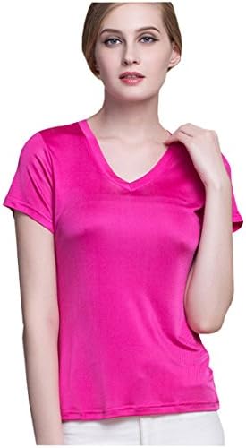 New Silk Women's Short-Sleeve Mulberry Silk V-Neck T-Shirt Medium Rose-Red