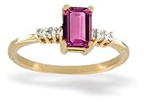 14K Yellow Gold Genuine Emerald-cut Pink Tourmaline and Diamond Ring