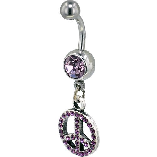 Purple Crystal Peace Sign Dangle Belly Ring