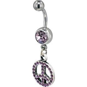 Pugster Purple Crystal Peace Sign Dangle Belly Ring by Crystal Steel Belly Rings