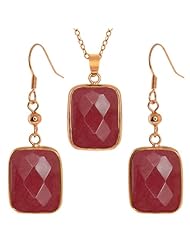 Jadelite Faceted Dark Pink Color Oblong Pendant and Earrings Set With 18" Chain