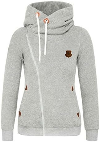 VOGLLY Women's Zipper Closure Stand Collar Drawstring Detailed Hoodie Size 4 US Light Grey