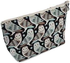 Dana Herbert Designer Travel Cosmetic Tolietries Bag, Size Medium 5x9 inch Cotton with Plastic Liner, Handmade in USA, Aqua and Charcoal Owl Pattern
