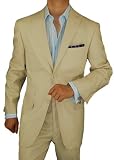 Bianco Brioni Made in Italy Linen Mens Suit 2 Button Flat Front Pants Ticket Pocket Custom Working Buttonholes Beige