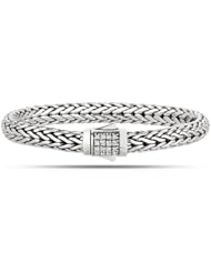 Rhodium Plated Weave White Sapphires Bracelet In Sterling Silver With Textured Edges