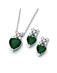 Rhodium Plated 925 Sterling Silver Heart Cut Prong Set Emerald Cubic Zirconia CZ Designer Earrings and Necklace Set
