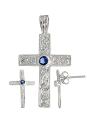 Sterling Silver Swirl-designed Latin Cross Earrings (16mm tall) & Pendant (28mm tall) Set, w/ Bezel Set Brilliant Cut Blue Sapphire-colored CZ Stones