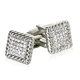 Ribbed Silver Square Cufflinks Featuring CZ Cubic Zirconia with Presentation Box