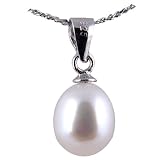 Freshwater Cultured Oval Shape 7-8mm White Pearl Pendant, 16" Sterling Silver 1MM Cable Chain