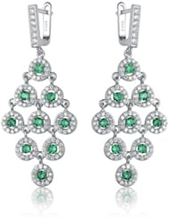 C.Z. Sterling Silver Rhodium Plated Round Emerald Chandelier Earrings