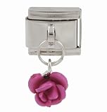 SilverBin Enamel Paint Dangling Charm Pink Rose Stainless Steel Italian Charm Link