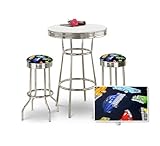Chrome Bar Table & 2 Chrome Old Car Oldsmobile Fabric Seat Barstools