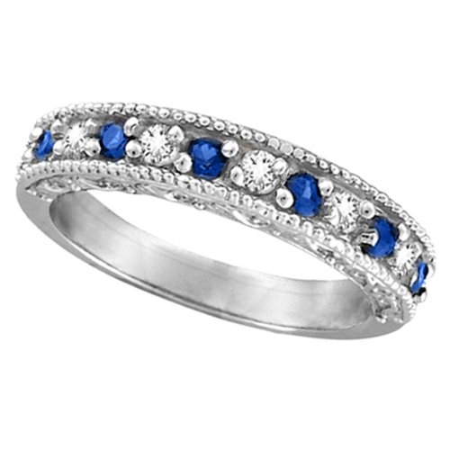 Diamond and Blue Sapphire Ring Filigree Milgrain Band Palladium (0.59ct)