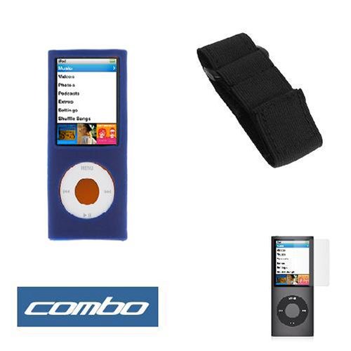 41EKOUGrv5L. SL500  Dark Blue Flexible Soft Silicone Skin Case + Premium Reusable LCD Screen Protector + Elastic Armband for Apple ipod Nano Chromatic 8GB, 16GB 4G 4th Generation
