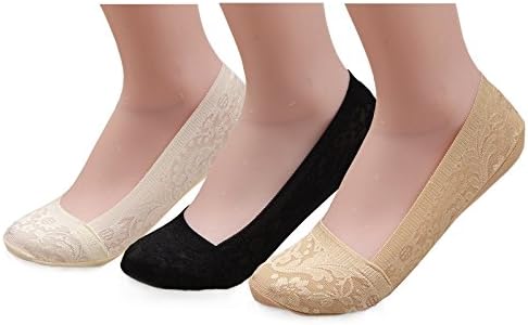 Imaly Women's Lace Crew No Show Non skid Silicon Heel Grip Socks 3 Pairs
