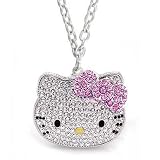 Silberne Hello Kitty Kette / Kettenanhänger mit feinsten Zirkonia Diamanten und pinker Schleife