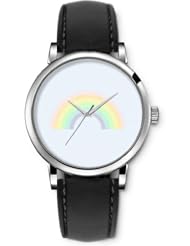 SPRAWL Aanalog Fashion Series Silver Ladies Watches of Genuine Black Leather Strap,Unique Wrist Watch for Women Girls Designed with rainbow