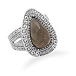 Oxidized Smoky Quartz Ring with Greek Key Design Edge and Band