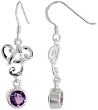 Sterling Silver Celtic Fish Hook Dangle Earrings, w/ Bezel Set Brilliant Cut Natural Amethyst Stone, 1 1/2" (38mm) tall