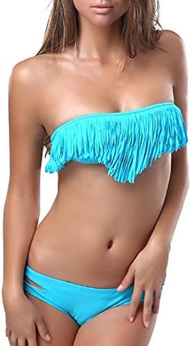 EVER SOFT Padded Sky Blue Bandeau Push up Fringe Bikini Bathing Suit (L)