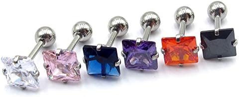 TENND Women Jewelry 316L Stainless Steel Square Zircon Tongue Stud Eyebrow Navel Rings Belly Bar Spiral nail Cuff Body Jewelry 16G Red,6mm 6pcs
