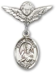 Sterling Silver Baby Badge with St. Andrew the Apostle Charm and Angel w/Wings Badge Pin