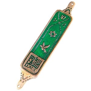 Mezuzah Peace in Three Languages Green Enamel