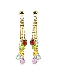 14k Yellow Gold, Colorful Strands Dangling Drop Earring Lab Created Gems