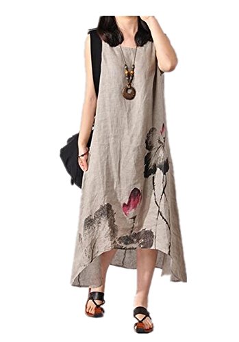 Enlishop Women's Sleeveless Ink Print Irregular Cotton Linen Long Maxi Dress