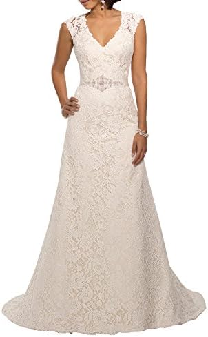 Harshori V Neckline A Line Cap Sleeve Lace Over Satin Wedding Dress 14 White