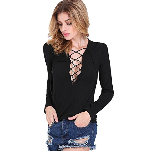 Blooming Jelly Women's Sexy Bandage Plain Deep V Neck Lace Up Long Sleeve Blouse Tops Black,Black,Small / US 2-4