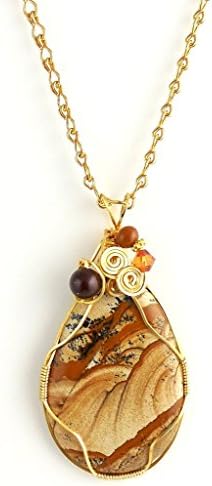 Extra Large Handmade Picture Jasper Wire Wrap Pendant Necklace With 20 Inch Chain