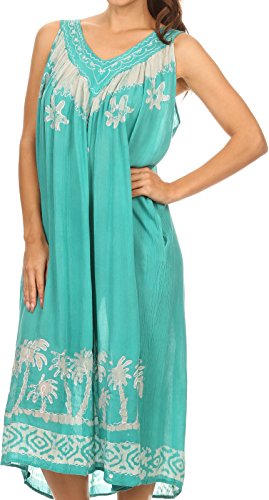Sakkas 600A Embroidered Palm Tree V-Neck Caftan Cotton Dress - Mint / One Size