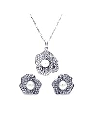 Nickel Free Sterling Silver Pendant & Earring Sets Pearl Center CZ Flower Set Pendant Diameter: 25.4mm Earring Diameter: 17.1mm