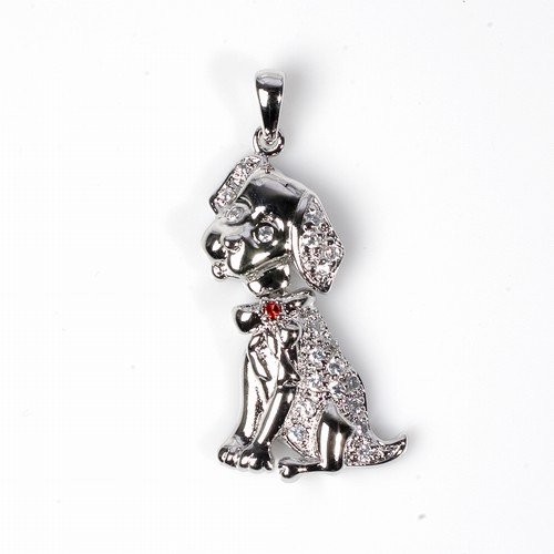 Sterling Silver Pendant - Puppy - Clear / Garnet Cubic Zerconia - 36mm Height
