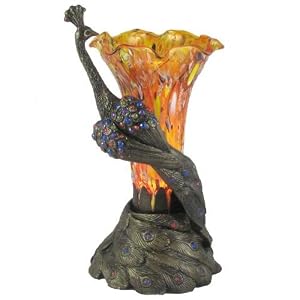 Gorgeous Beaded Peacock Table Lamp with Swirl Glass Tulip Shade
