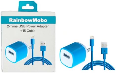 RainbowMOBO (TM) AC Power Travel Wall Adapter + 3 Feet 8-pin to USB 2.0 Charging + Data Sync Cable Cord for iPhone 5 / 5S / 5C / iPad 4 & mini & iPod Touch 7th (Rainbow Light Blue)