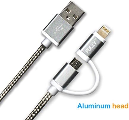 [Apple MFI Certified ]Feilky 3ft Nylon Braided Jacket 2-in-1 Lightning Cable With 8 Pin& Micro USB Connectors for iphone 5,iphone5s,iphone 5c,6,6plus,ipad Air Mini,iPod5,Sumsung,HTC,Huawei(Grey)