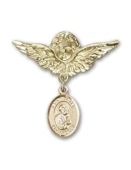 14K Gold Baby Badge with St. Peter the Apostle Charm and Angel with Wings Badge Pin