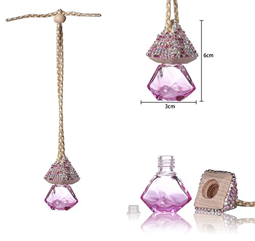 Mini-Factory Bling Auto Ornament Car Mirror Hanging Decoration Crystal Diamond Refillable Glass Air Freshener Empty Bottle for Car / Home / Office (Bottle only, Perfume NOT included) (Pink)