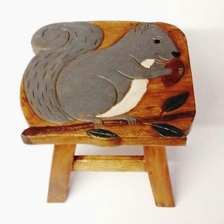 Hand Carved and Hand Painted Grey Squirrel Wood Footstool