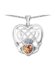 Celtic Love By Kelly (tm) Celtic Knot Irish Heart Claddagh Pendant with Heart Shape Simulated Imperial Yellow Topaz in 925 Sterling Silver