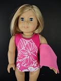 Pink One Piece Swim Suit in Pink with White Floral Design Complete with Towel and Swim Cap Designed for 18 Inch Doll Like the American Girl Dolls