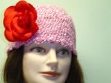 Cp155, Hand Crocheted Multipink Chenille Gimp Tweed Skull Cap with One Pinned Red Silk Flower for Women and Teens