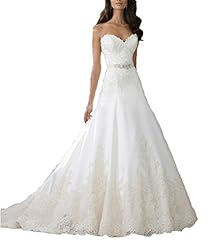 Strapless Sleeveless Satin Empire   Waistline Beaded Applique Lace  Sweetheart  Dress with a Chapel Train  With Rhinestones