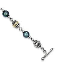 SS 14k Yellow Gold 7.5-8mm Freshwater Cult. Black Pearl 8in Vint. Style Bracelet