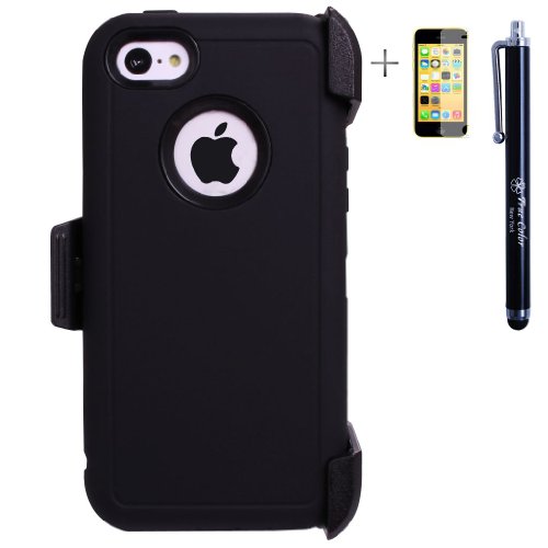 Heavy Duty High Impact Shockproof Dirtproof Hard + Soft Defender Case Cover for Apple iPhone 5c + Belt Clip Holster + Stylus + Screen Protector - Black