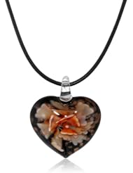 Orange Flower Glass Heart Pendant Necklace on Black Cord, 18"