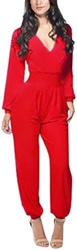 Karenemp Dresses Fashion Lady's Long Sleeve V Neck Romper Jumpsuit Multi-color Pick RedMedium