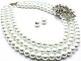 White Pearl Multi Strand Necklace with Crystal Stone Flower Broach